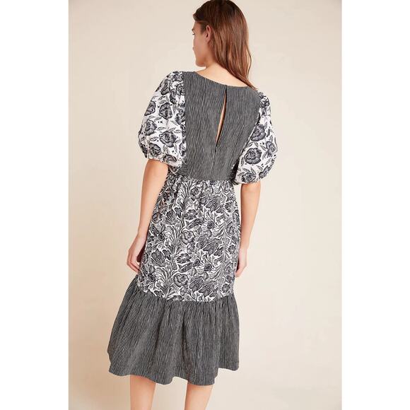 ANTHROPOLOGIE Bloomingprint Dress Size 8 Adrienne Flounced Midi Floral Pockets - Picture 2 of 16